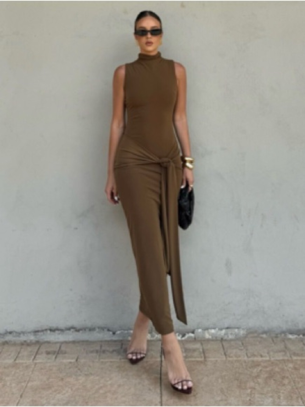 Zara Sleeveless High-Neck Midi Dress in Olive Brown